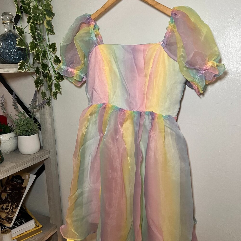Speechless Society Pastel Rainbow Organza Puff Sleeve Dress Size MD